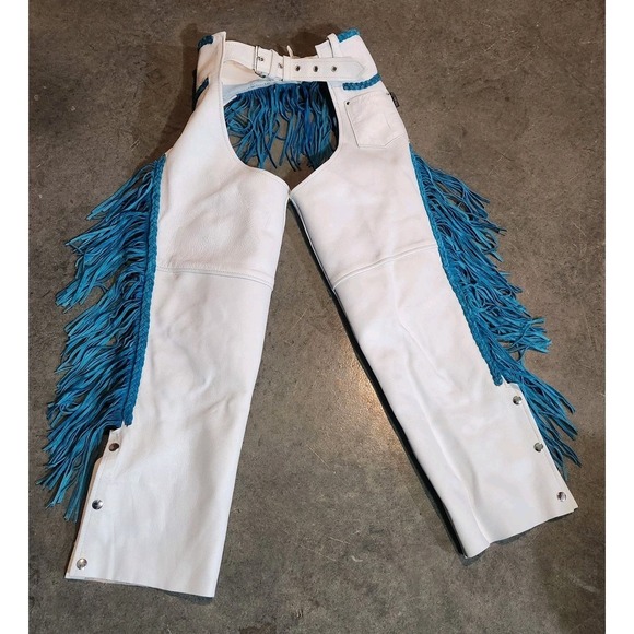 Leather King Pants - Leather King Western Biker Chaps White w Turquoise Fringe Small Side Zip NEW
